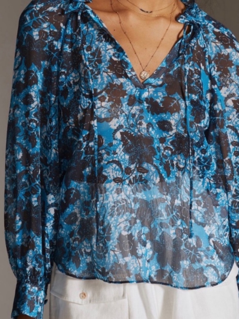 ANTHROPOLOGIE Sheer Printed Western Peasant Blouse Blue Black Floral - Picture 3 of 10